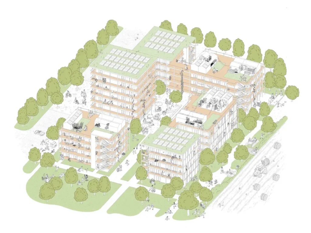 Isometrische Zeichnung Baufeld Mitte KaepseLE: Holzbauten mit begrünten Dächern, Balkonen und belebten Innenhöfen