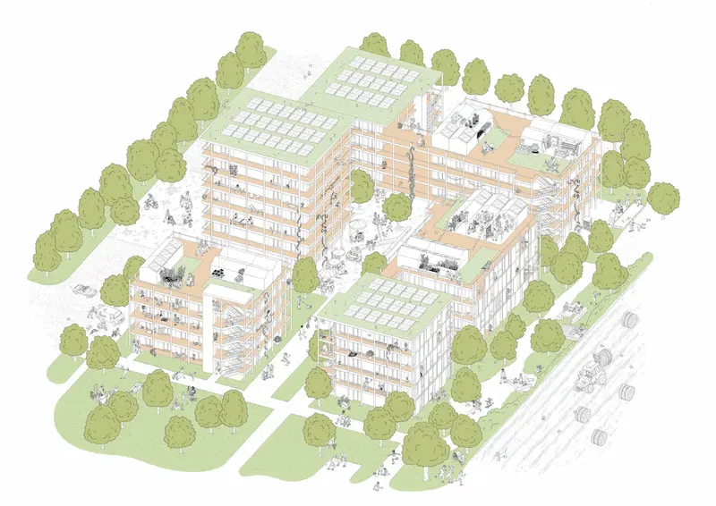 Isometrische Zeichnung Baufeld Mitte KaepseLE: Mehrgeschossige Holzbauten mit Dachbegrünung und Innenhöfen