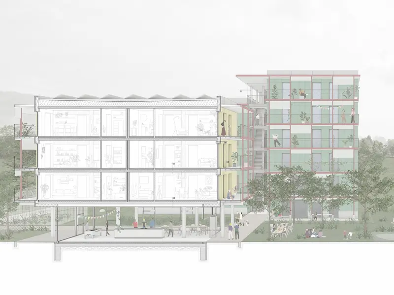 Architekturschnitt Baufeld Nord KaepseLE: Transparente Fassade mit verglasten Geschossen und Begrünung