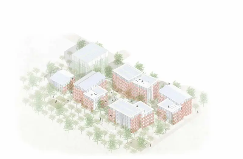 Isometrische Visualisierung Baufeld Süd KaepseLE: Mehrere Wohngebäude mit Solardächern und Baumbestand