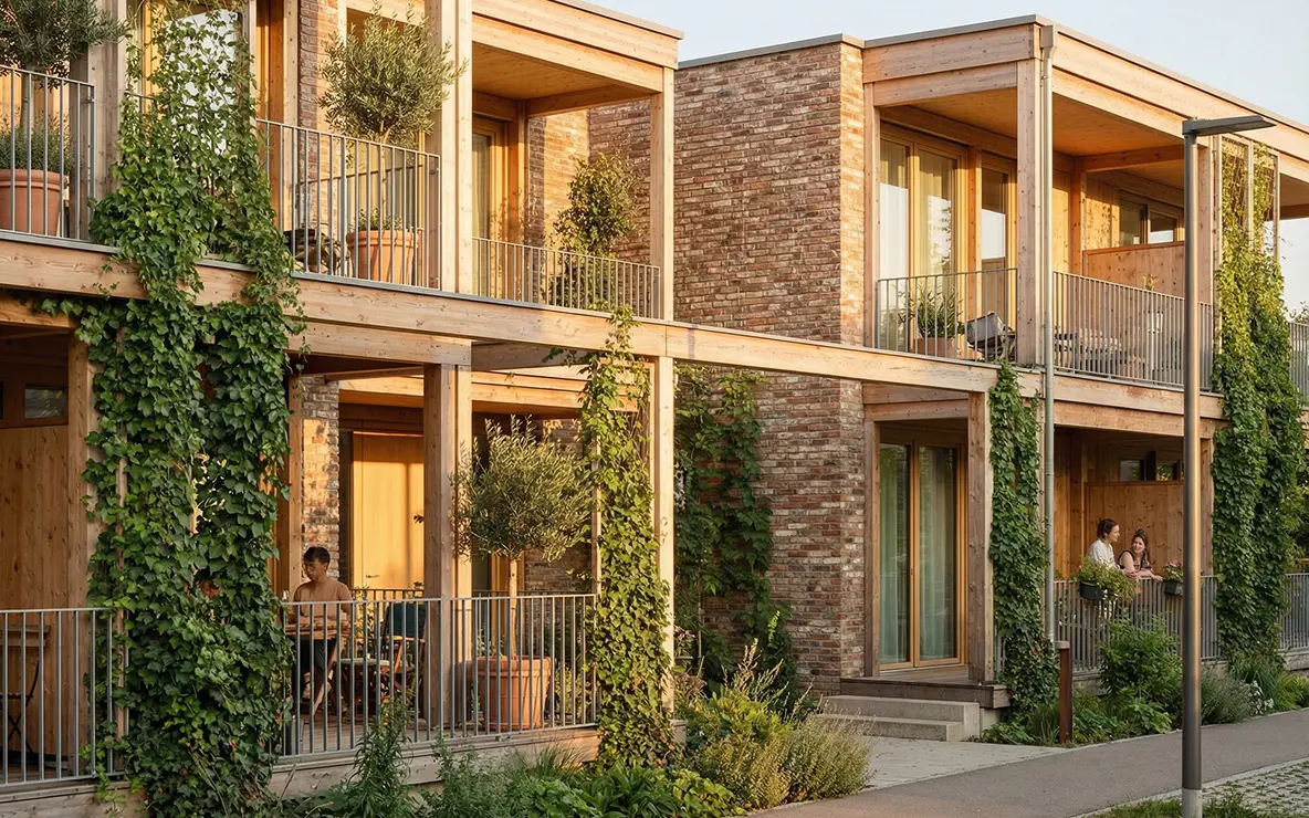 Detailansicht der geplanten Holzbaufassade mit vertikaler Begrünung und Balkonen
