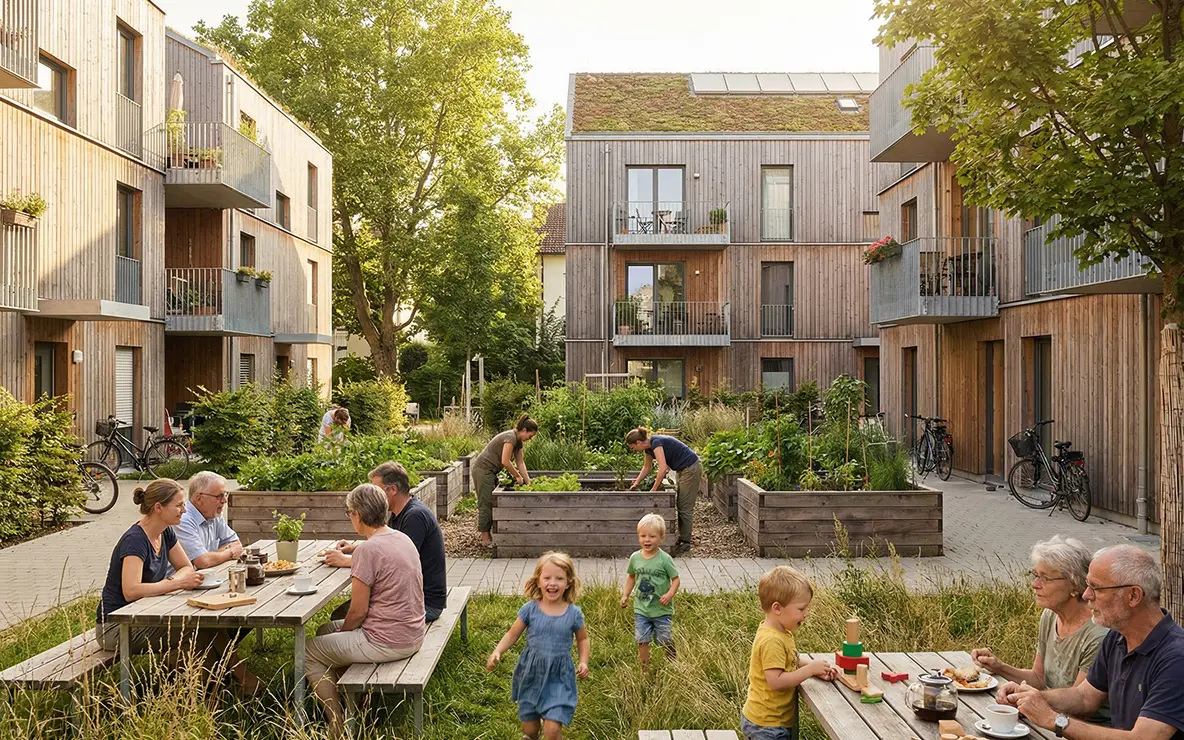 Visualisierung eines gemeinschaftlichen Innenhofs im Quartier KaepseLE mit Sitzbereichen und Begrünung