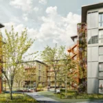 Visualisierung des begrünten Innenhofs im Quartier KaepseLE Goldäcker mit Laubbäumen, Balkonen und bepflanzten Fassaden