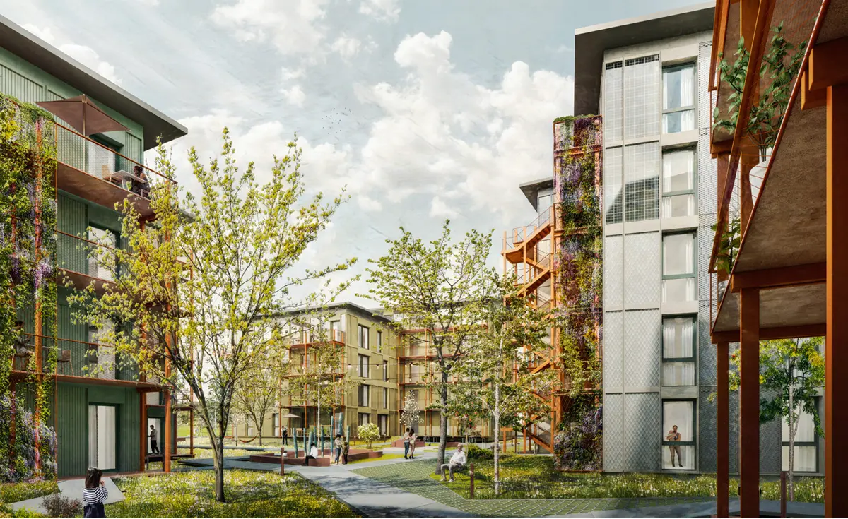 Visualisierung des begrünten Innenhofs im Quartier KaepseLE Goldäcker mit Laubbäumen, Balkonen und bepflanzten Fassaden
