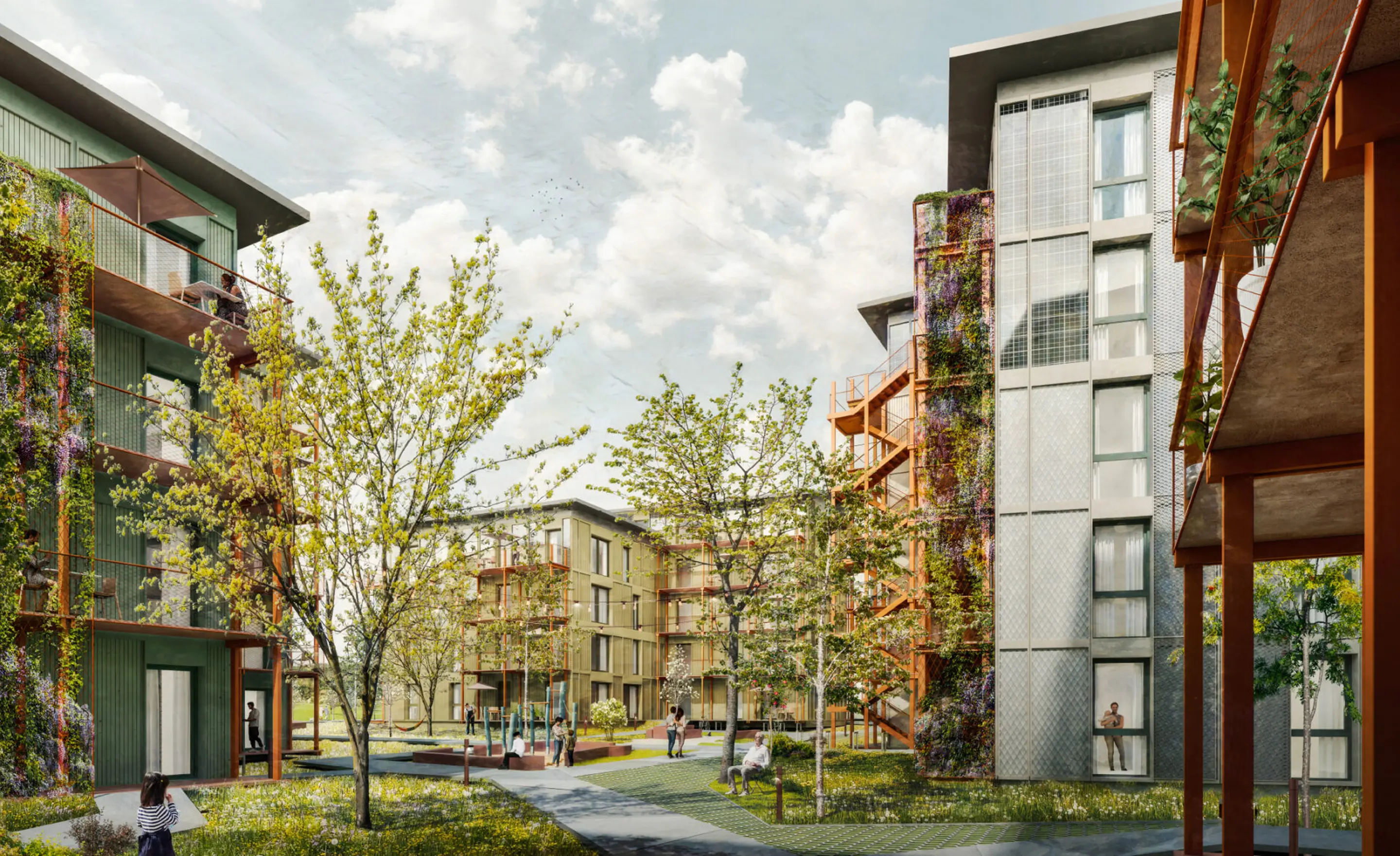 Visualisierung des begrünten Innenhofs im Quartier KaepseLE Goldäcker mit Laubbäumen, Balkonen und bepflanzten Fassaden