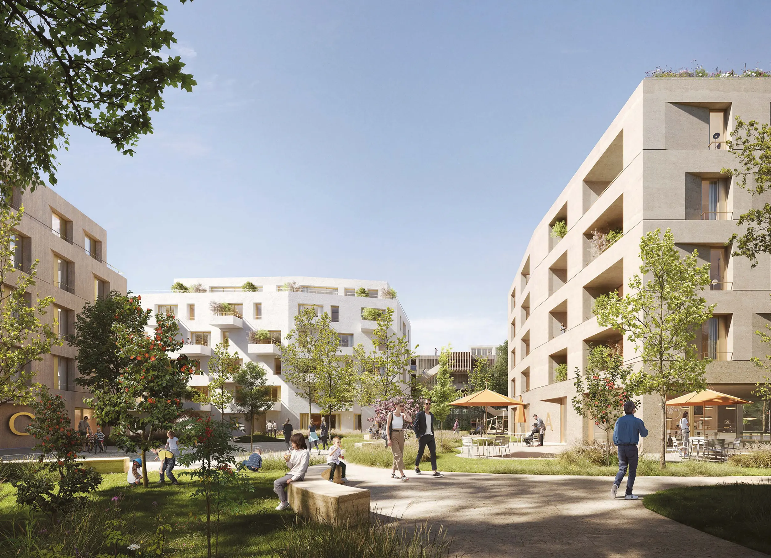 Visualisierung Baufeld Süd KaepseLE: Belebter Innenhof mit Sitzbereichen, Bäumen und Außengastronomie