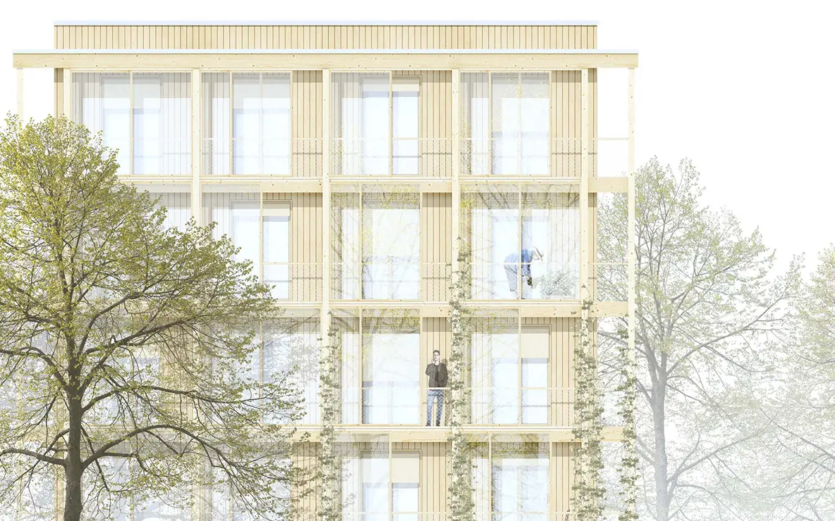 Detailansicht Holzfassade KaepseLE: Mehrgeschossiges Wohngebäude mit Balkonen und Baumbestand