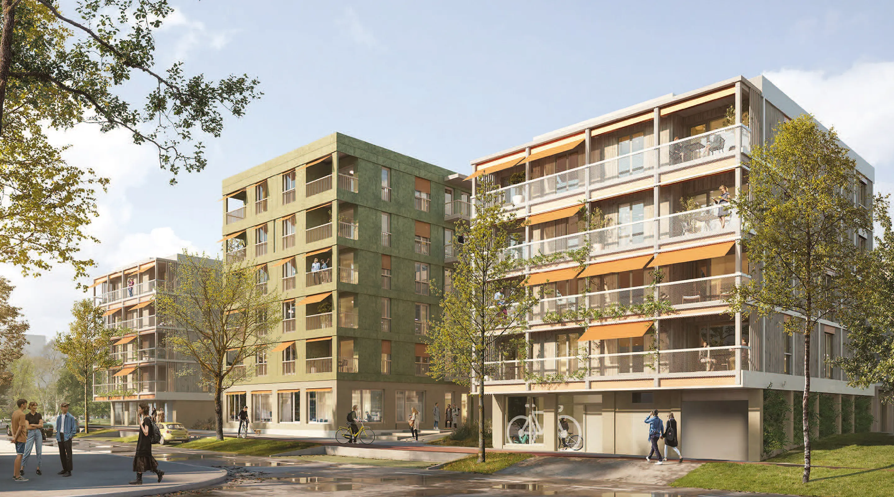 Visualisierung Baufeld Süd KaepseLE: Wohngebäude mit Balkonen und begrüntem Außenbereich, Duplex Architekten