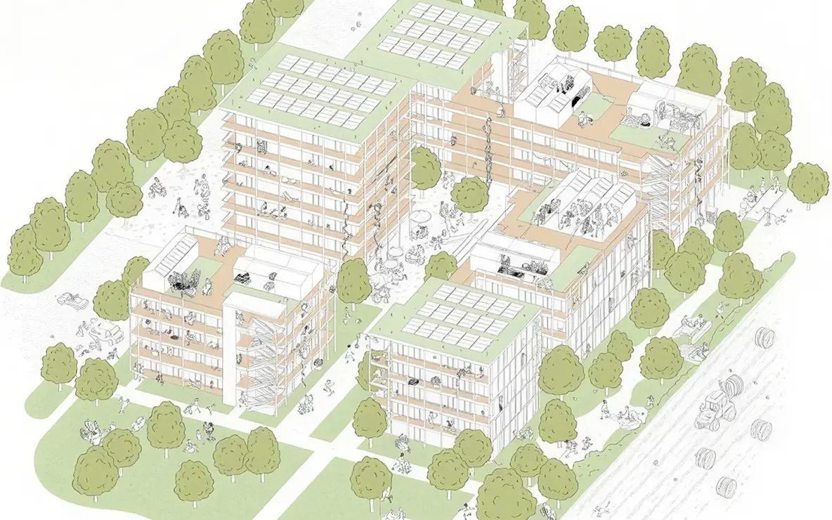 Siegerentwurf Baufeld Mitte KaepseLE: Isometrische Darstellung mit Grünflächen und Innenhöfen